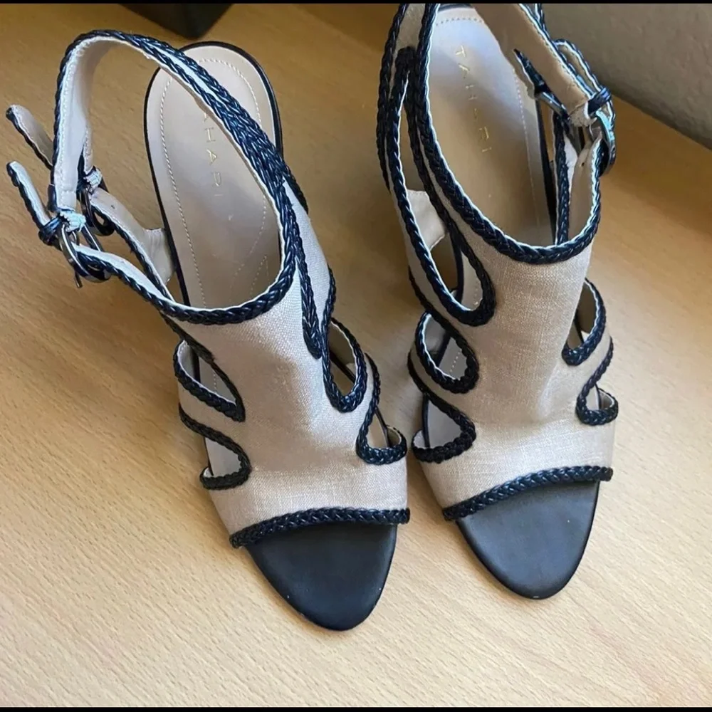 Tahari 7 1/2 M Black leather and Tan Heels